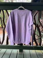 Lilac crewneck sweatshirt with "Merri-Mac" printed across the front in navy lettering.