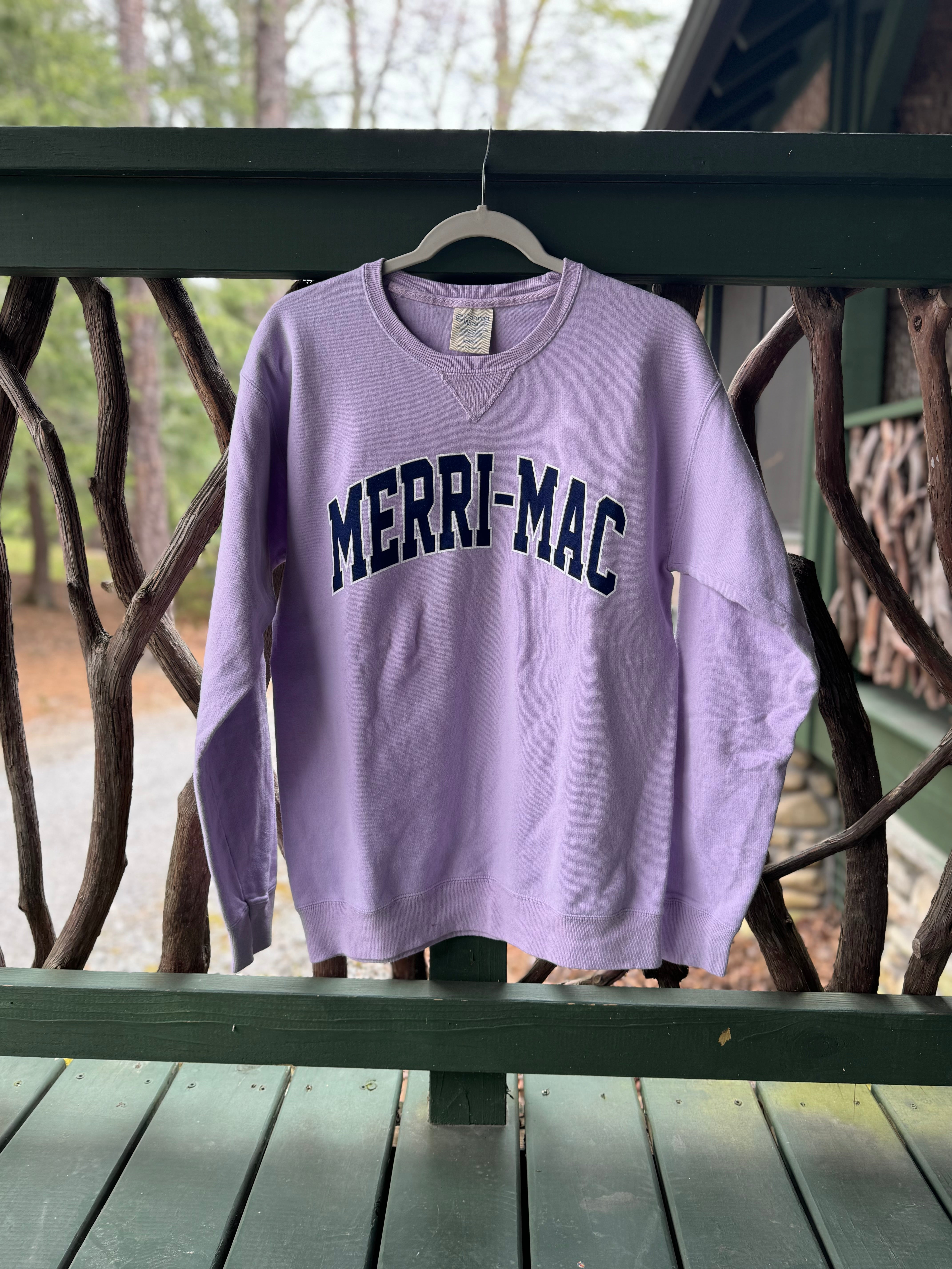 Lilac crewneck sweatshirt with "Merri-Mac" printed across the front in navy lettering.