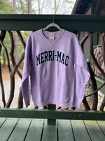 Lilac crewneck sweatshirt with "Merri-Mac" printed across the front in navy lettering.