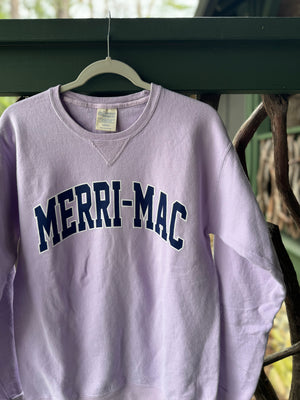 Lilac crewneck sweatshirt with "Merri-Mac" printed across the front in navy lettering.